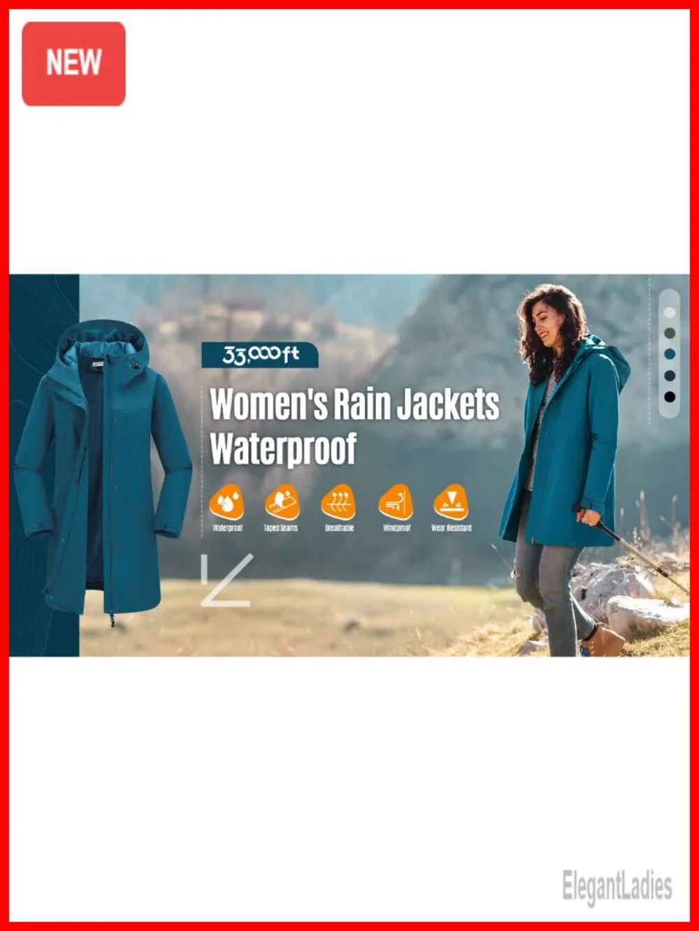 Women's Waterproof Long Raincoat with Hood 10000mm Breathable Lightweight